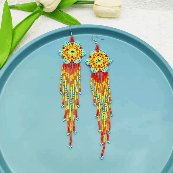 Boho Multicolor Beaded Flower Dangle Earrings - Picture 4 of 6
